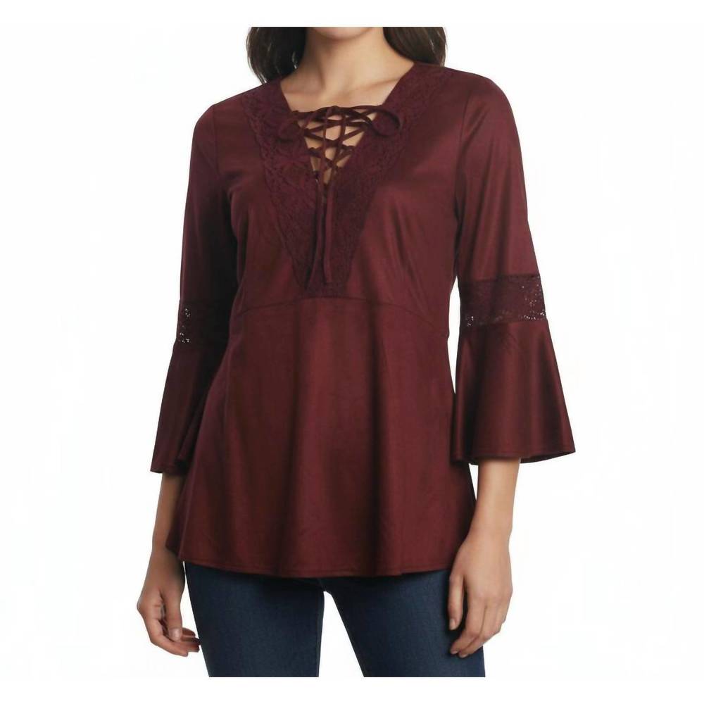 NEW RYU lace detail faux suede top in burgundy